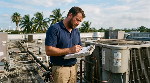 Treasure Coast Cooling technician inspecting a rooftop HVAC unit in Port St. Lucie